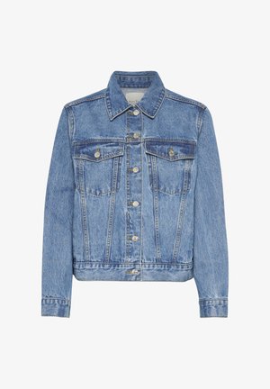 Világoskék farmerdzseki galléros nyakkivágással, két mellzsebbel, ezüstgombokkal és enyhén cropped fazonnal. Textúrált felület varratokkal.