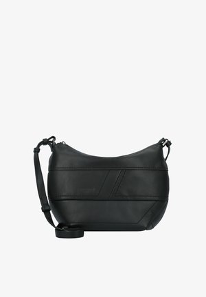 Bolso cruzado de piel negra con forma curva, que presenta patrones de costura geométricos, una correa desmontable y un cierre superior con cremallera.