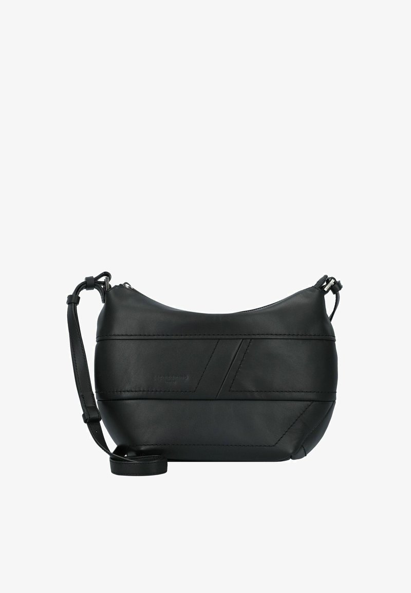 Schwarze Leder-Crossbody-Tasche mit einer geschwungenen Form, geometrischen Stichmustern, einem abnehmbaren Tragegurt und einem oberen Reißverschluss.