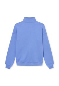 Blauwe pullover sweatshirt met een hoge kraag, verlaagde schouders en geribde mouwen. Gladde textuur, geen zichtbare patronen of logo's.