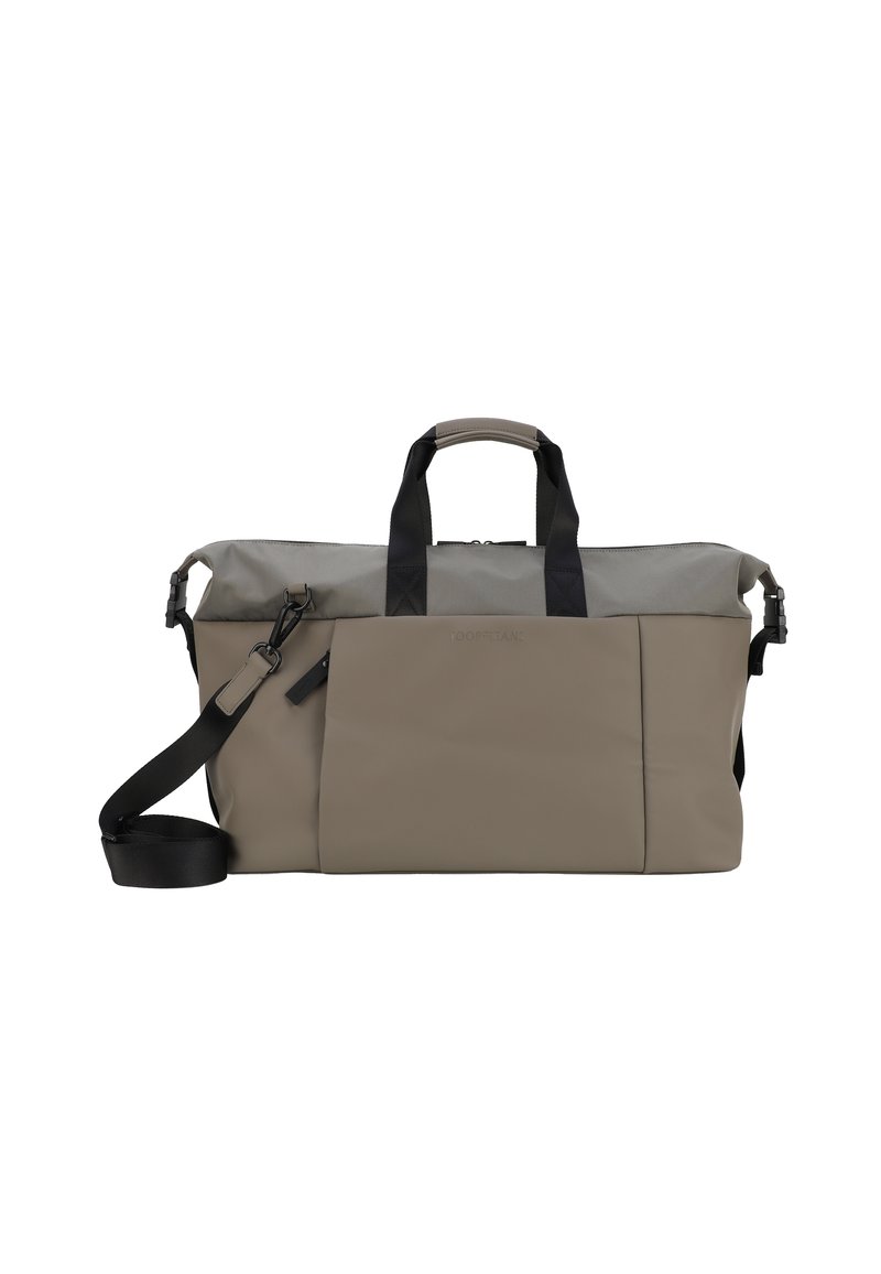 Bolsa de lona en color caqui y gris con dos asas superiores, una correa de hombro desmontable y cierre con cremallera. Fabricada con materiales duraderos.