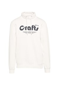 Witte pullover sweatshirt met een hoge kraag, trekkoorden en een zwarte tekstprint met de tekst "Crafts." Soepele textuur en een relaxte pasvorm.