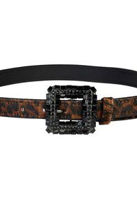 Curea din piele neagră, cu un design cu imprimeu animal, având o fibulă rectangulară neagră, embellisată pentru un detaliu suplimentar.