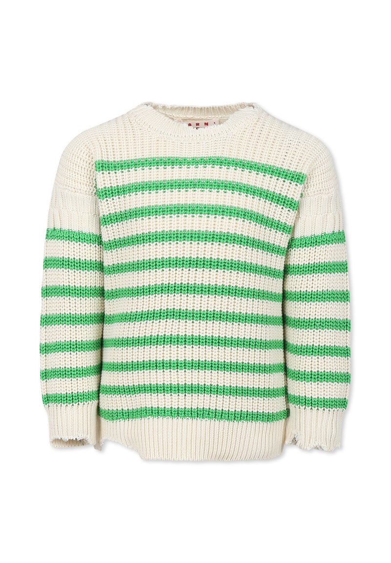 Maglione lavorato a maglia con strisce crema e verde, colletto rotondo e vestibilità morbida. Tessuto testurizzato con orli grezzi ai polsini.