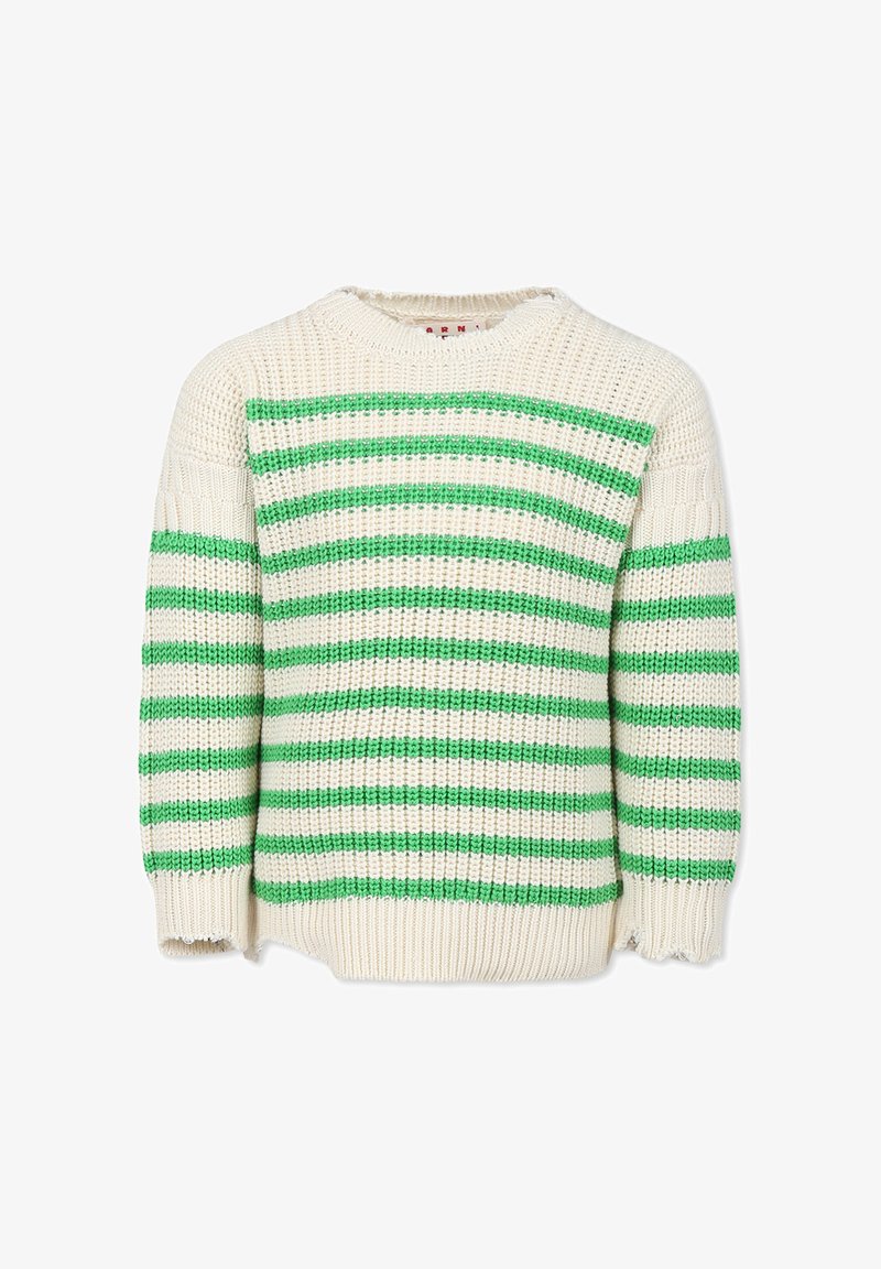 Sweter dzianinowy w kremowe i zielone paski, okrągły dekolt i luźny krój. Teksturowana tkanina z surowymi brzegami przy mankietach.