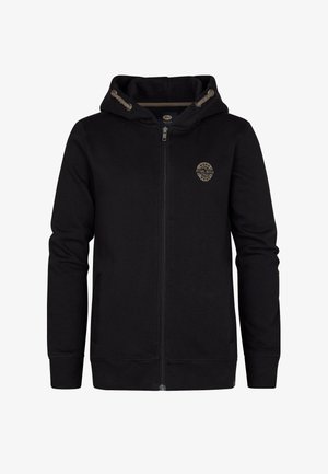 Black zip-up hooded sweatshirt with a logo patch on the chest, front pockets, and adjustable drawstrings on the hood. Soft fabric texture.