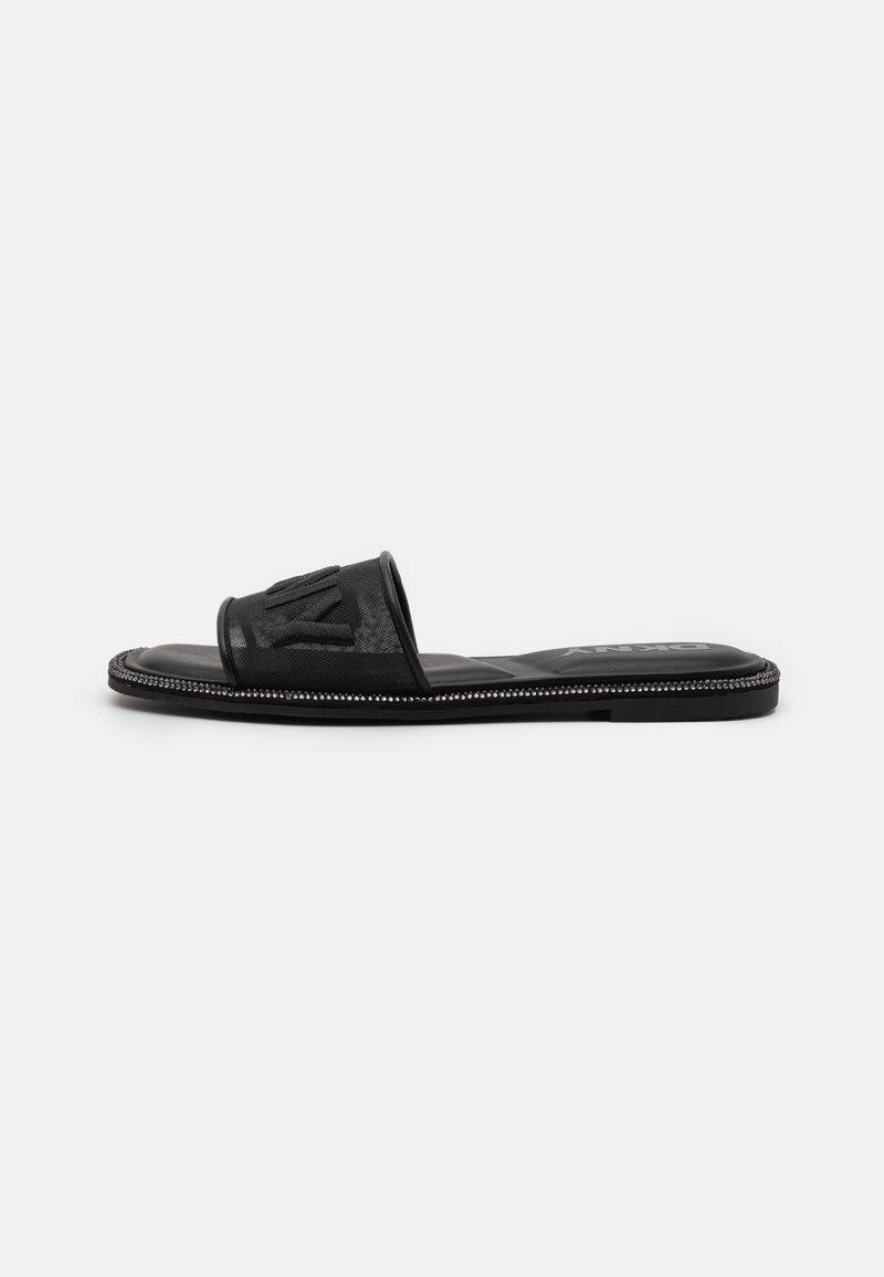 Black slide sandal featuring a molded strap with geometric patterns, rubber sole with a beaded trim, and a smooth interior lining.