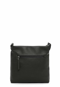 Leather crossbody bag in dark green with a textured surface, a main compartment and a front zip pocket, featuring a shoulder strap.