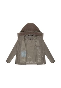 Bruine buitenjas met een zachte, textuurdoek, gevoerd met bont in de capuchon. Heeft een gladde binnenvoering, zijzakken en gedetailleerde waslabels binnenin.