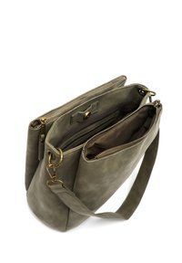 Zielona torebka z ekologicznej skóry z pozłacaną szybą, dwiema zamykanymi komorami oraz odpinanym paskiem na ramię. Gładka faktura, strukturalny design.