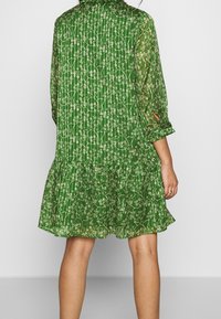 Abito verde, fino al ginocchio, con gonna a strati, realizzato in tessuto trasparente. Presenta un motivo floreale bianco e sottili righe verticali.