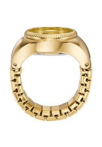 Montre dorée avec un boîtier arrondi, une lunette texturée et un bracelet à maillons comportant des maillons rectangulaires brillants. Surface lisse, finition métallique.