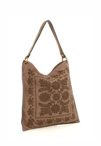 Borsa a spalla in pelle marrone con motivo floreale embossato, dotata di una singola tracolla e finiture in metallo dorato.