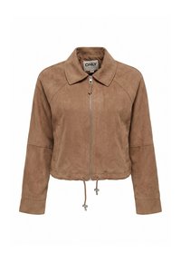 Veste courte en daim marron avec fermeture éclair devant, large col, manches longues et ourlet avec coulisse réglable.