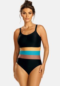 Czarny jednoczęściowy strój kąpielowy z żebrowaną teksturą, z poziomymi panelami w kolorze pomarańczowym, turkusowym i brązowym na wysokości talii. Regulowane ramiączka.