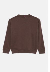 Brun sweatshirt med lange ærmer, ribbede manchetter og rund halsudskæring. Har en diskret V-syning detalje og en kontrasterende stribet accent ved halsen.
