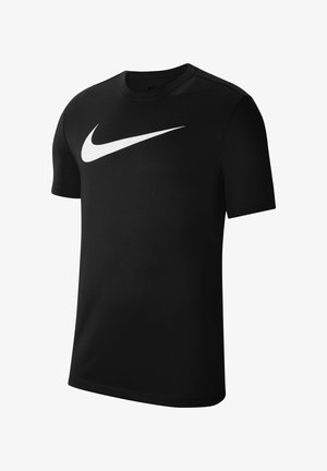 Czarna koszulka Nike wykonana z bawełny, z dużym białym logo Swoosh z przodu, krótkim rękawem i okrągłym dekoltem.