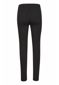 Svarta smala jeans med en slät textur, femficksdesign och medelhög midja. Har kontrasterande sömmar och en kroppsnära silhuett.