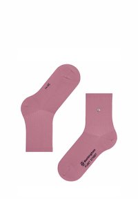 Pink crew socks made of ribbed textile, featuring a diamond accent and brand logo printed in dark color. Smooth texture with seamless toe.