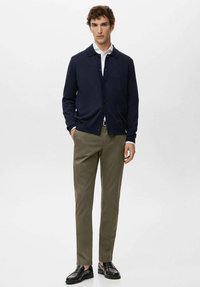 Cardigan in lana blu navy con chiusura a bottoni, camicia bianca sotto, abbinato a pantaloni verde oliva e scarpe in pelle nere. Tessuto liscio.