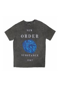 Dark grey cotton t-shirt featuring a blue graphic design of a flower and text "NEW ORDER SUBSTANCE 1987" in white lettering.