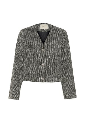 Mustvalge tweedist naiste bleiser, millel on kolm dekoratiivset nuppu ja pikad varrukad, silt "Kaffe", eksponeeritud valgel taustal.