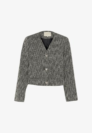 Sort og hvid tweed-dameblazer med tre dekorative knapper og lange ærmer, mærket "Kaffe", vist på en hvid baggrund.