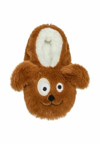 Bordeaux pluche pantoffel in de vorm van een cartoonhond, met een witte fleece voering, grote ogen en oren. Zacht, rond ontwerp met geborduurde details.