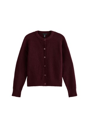 Cardigan bordeaux en matériau doux, avec un col rond, des manches longues et six boutons assortis sur le devant.
