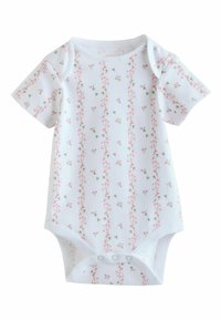 Lühikeste varrukatega beebikeha valgest puuvillast, roosade lillemustritega, kattuvate õlgade disainiga ja allosas lisaskinnitusega.