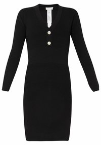 Abito in maglia a coste nero con scollatura a V, maniche lunghe e due bottoni decorativi sul petto; silhouette aderente e lunghezza al ginocchio.
