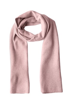 Light pink scarf made of soft, textured material. Features ribbed ends and a smooth body. Regular rectangular shape, suitable for layering.