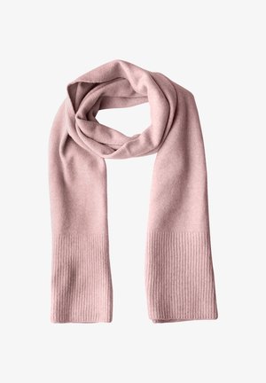 Light pink scarf made of soft, textured material. Features ribbed ends and a smooth body. Regular rectangular shape, suitable for layering.
