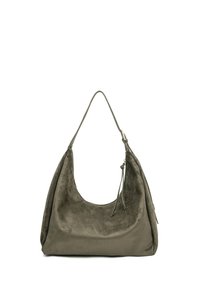 Borsa a spalla in suede verde oliva con forma hobo, silhouette curva, tracolla singola e dettaglio con zip sul lato. Finitura in morbido tessuto.