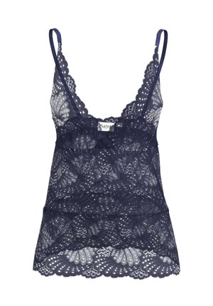 Lace cami i marineblå, prydet med delikate blomster mønstre, justerbare stropper og en bølget kant med lagdelte flæser.