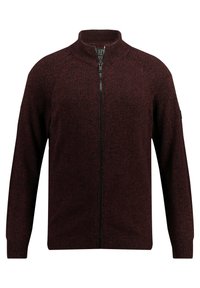 Cardigan en tricot bordeaux avec un col haut et une fermeture éclair complète. Présente des poignets et un ourlet côtelés, un tissu texturé avec une finition lisse.