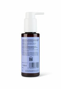 Brązowa szklana butelka z białą głowicą pompki, o pojemności 100 ml. Etykieta zawiera niebieski tekst z informacjami o produkcie w języku niemieckim i angielskim, kod QR na dnie.