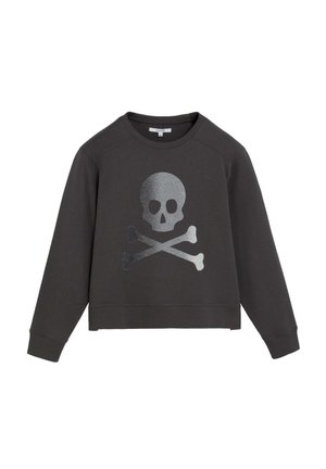 Sudadera negra de manga larga con un gran gráfico plateado de calavera y huesos cruzados en el frente, cuello redondo y puños acanalados.