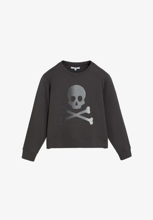 Černá mikina s dlouhým rukávem, na přední straně velký stříbrný motiv lebky a zkřížených kostí, kulatý výstřih a žebrované manžety.