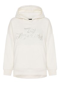 White hoodie with a front pouch pocket, featuring silver "Legendary" text in a cursive style. Soft fabric and relaxed fit design.