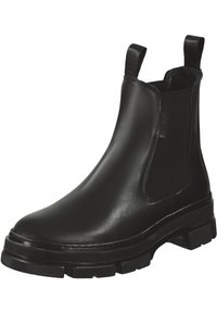 Black Chelsea boot made of smooth leather with elastic side panels, pull tabs, and a rugged rubber sole for traction.