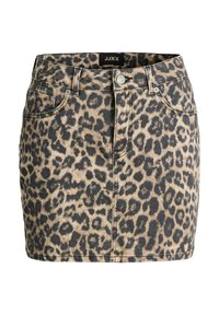 Denim rok met luipaardprint en een strakke pasvorm, voorzien van een vijf-pocketstijl, zwarte knopenhardware en een schone zoom.