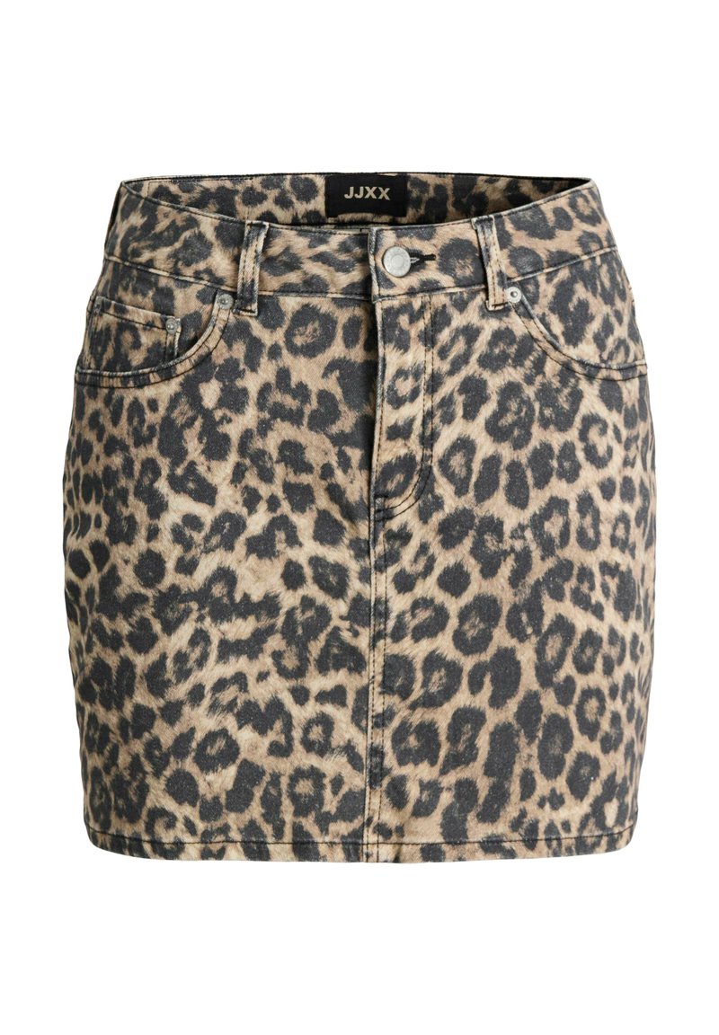 Denim rok met luipaardprint en een strakke pasvorm, voorzien van een vijf-pocketstijl, zwarte knopenhardware en een schone zoom.