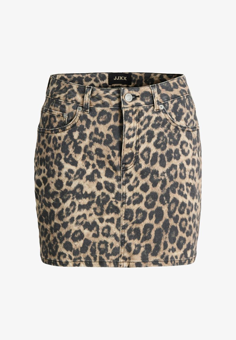 Sukňa z denimu s leopardím vzorom, so priliehavým strihom, vybavená piatimi vreckami, čiernymi kovovými gombíkmi a čistým lemovaním.