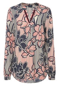 Blumen Langarmbluse mit navyblauen und rosa Mustern, einem V-Ausschnitt mit rotem Saum, gestreiftem Hintergrund und einer lockeren, fließenden Passform.