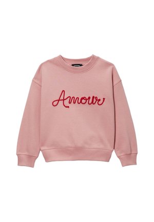 Sweat-shirt rose à manches longues avec le mot brodé en rouge "Amour" sur la poitrine, poignets, ourlet et col côtelés.