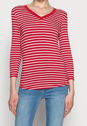 Kobieta ubrana w czerwoną i białą bluzkę z długim rękawem w poziome paski i dekoltem w serek, zestawioną z jasnobłękitnymi dżinsami.