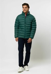 Groene pufferjack gemaakt van glanzend materiaal, met een hoge kraag, ritssluiting en twee zijzakken. G gedragen met donkere jeans en witte sneakers.