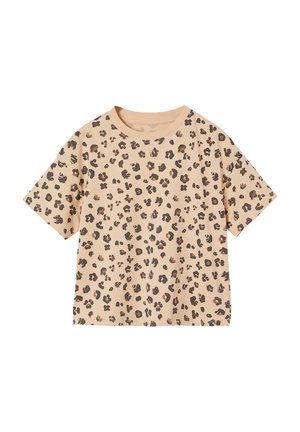 Beige short-sleeve T-shirt with black and brown leopard print pattern and ribbed round neckline on a white background.