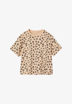 Beige short-sleeve T-shirt with black and brown leopard print pattern and ribbed round neckline on a white background.